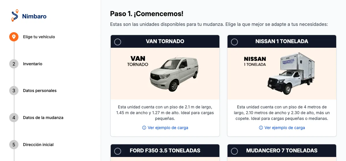 Cotizador en línea de Nimbaro: el cliente elige entre Van Tornado, Nissan 1 tonelada, Ford F350 y Mudancero 7 toneladas, con las medidas de cada unidad