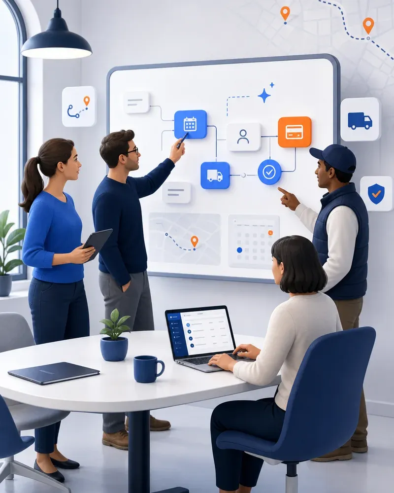 Equipo de software y especialistas en mudanzas diseñando juntos los flujos de Nimbaro